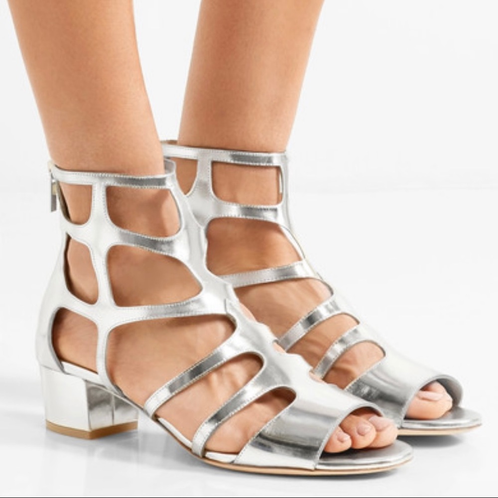 Jimmy Choo Ren 35 Cutout Silver Mirrored Leather Sandals Sz 37.5